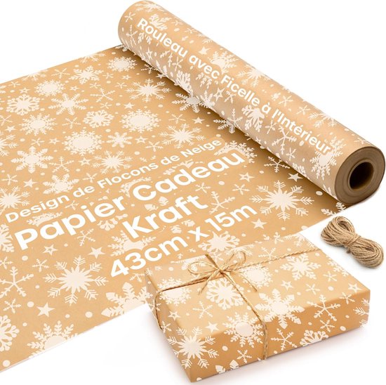 15 M Umweltfreundliches Weihnachtspapier – Braunes Kraftpapier Mit Schneeflockenmuster Für Geschenke