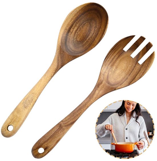 Dailygoods Handgefertigtes Salatbesteck Löffel Gabelset Aus Holz Natürliches Akazienholz Spülmaschinenfest 2-teilig 26 X 6 8 Cm Salatlöffel 6,8 Cm