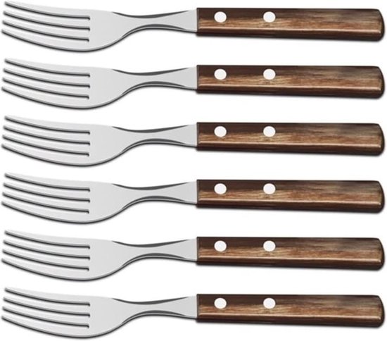 Steakgabel, Pizzagabel, Set, 6-teilig, Edelstahl, Brauner Holzgriff