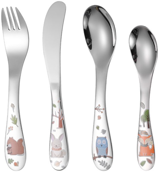 Kinderbesteck-set – 4-teilig – Löffel – Gabel – Messer – Edelstahlgriff – 4-teiliges Besteck-set – 1 Packung – Verschiedene Farben