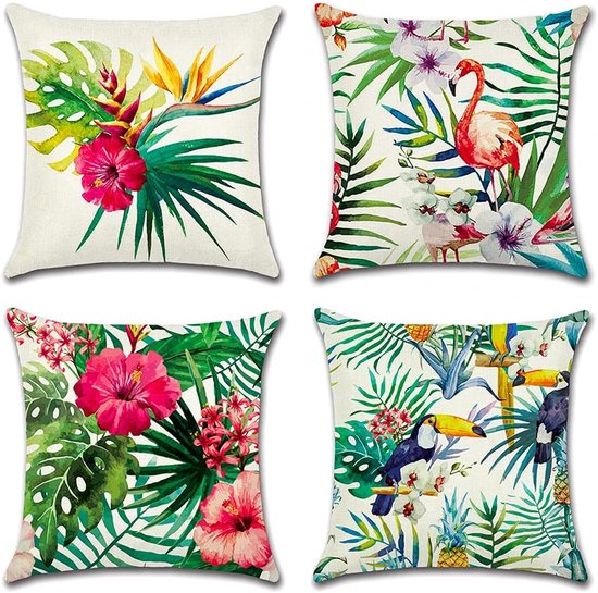 Set Mit 4 Wasserdichten Outdoor-kissenbezügen Mit Tropischen Pflanzen Und Blumen