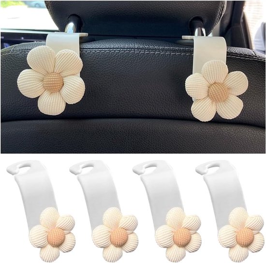 Einzelteile Von Auto-kopfstützenhaken Niedliche Florale Autositz-aufbewahrungshaken Für Geldbörsen Und Taschen Tragbare Beige Weiß