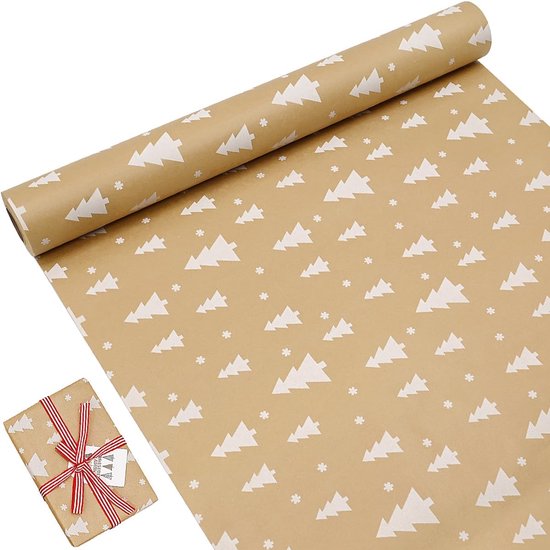 Weihnachtspapier 43 Cm X 15 M – Recycelbares Kraftpapier Mit Weihnachtsbaummotiv Zum Verpacken Von Geschenken Und Für Festliche Dekorationen