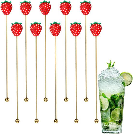 Set Mit 10 Goldfarbenen Edelstahl-rührstäbchen Mit Erdbeer-silikonspitzen, Dekorative Rührstäbchen Für Cocktails, Kaffee, Tee Und Sommerpartys