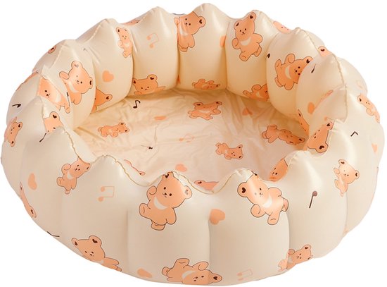 Aufblasbares, Blumenförmiges Kinderbecken (ø 90 Cm) Mit Niedlichem Bärenmotiv, Weiches, Cremefarbenes Pvc-planschbecken Für Drinnen Und Draußen, Ideal Zum Spielen Im Sand Und Wasser Im Sommer.