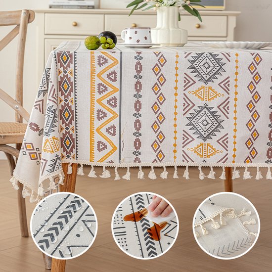 Tischdecke Im Bohème-stil (150 X 180 Cm) – Wasserabweisend, Mit Ethno-muster Und Fransen, Für Esstisch Und Garten