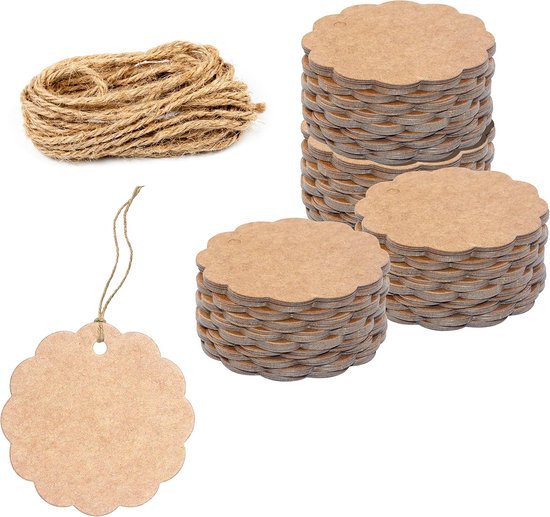 200 Braune Geschenkanhänger Aus Pappe Mit Gewelltem Rand, Inklusive 30 Metern Juteschnur Zum Basteln Und Verpacken (etikettendurchmesser 6,1 Cm).