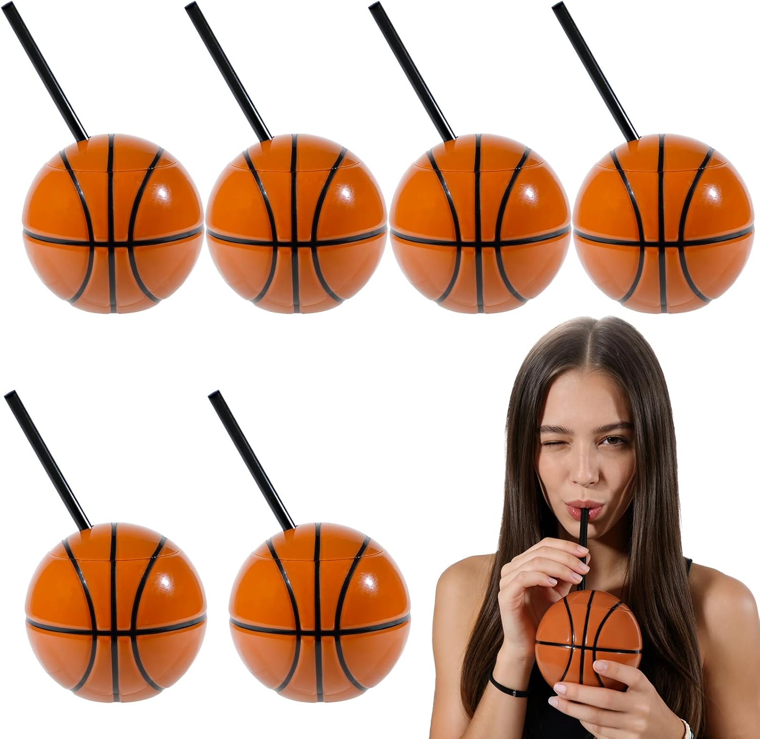 Einfache Basketballbecher Aus Polymer, 6 Stück, Mit Strohhalmen Und Deckeln, 440 Ml (15 Oz), Plastikbecher Für Sportpartys (basketball).