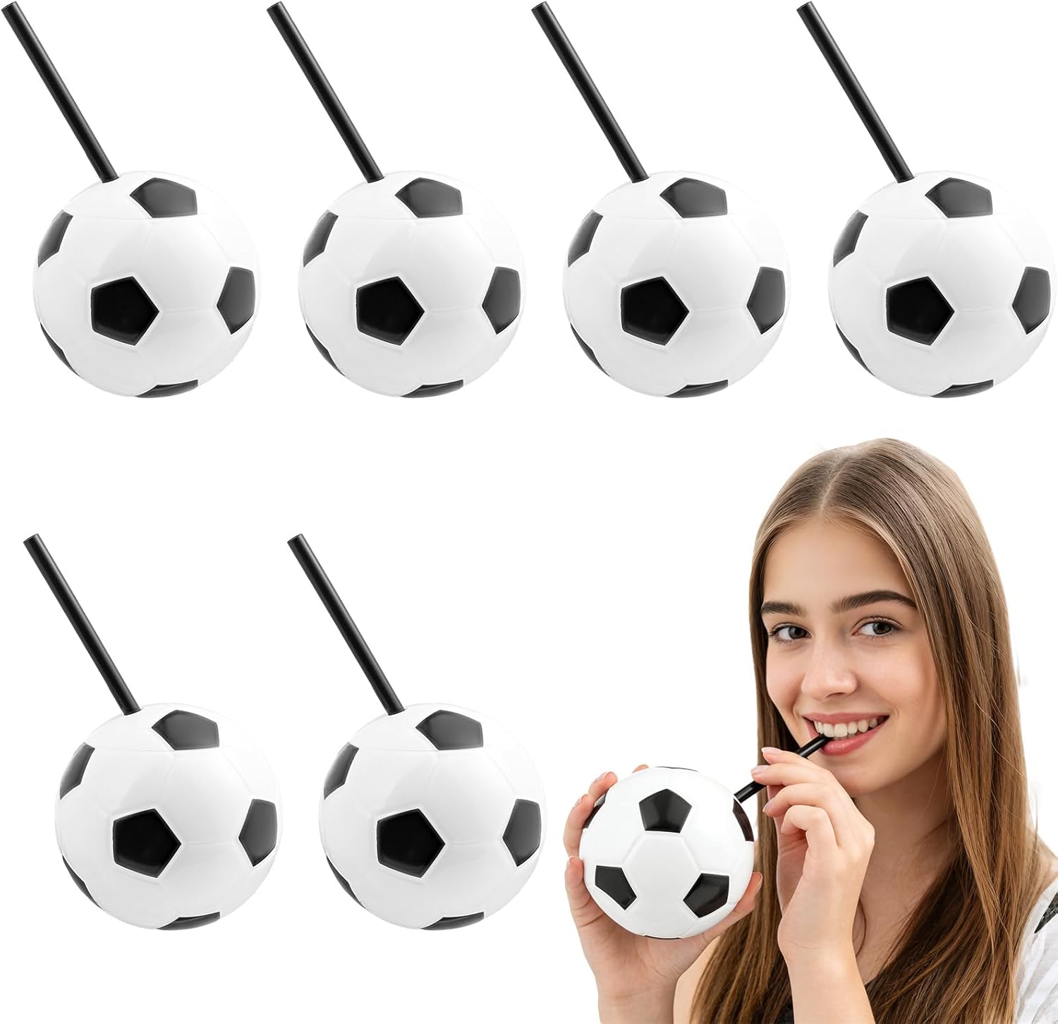 Einfache Kunststoffbecher In Fußballform, 6 Stück, Mit Strohhalmen Und Deckeln, 440 Ml (15 Oz), Plastikbecher Für Sportpartys (fußball).