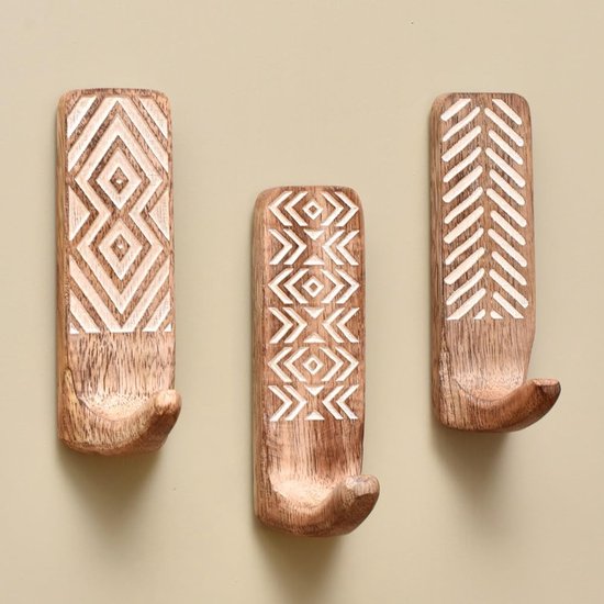 Indisches Regal Mit 3 Haken，6 Leisten，unbeschädigte Holzhaken，selbstklebende Haken，dekorative Boho-schlüsselhaken