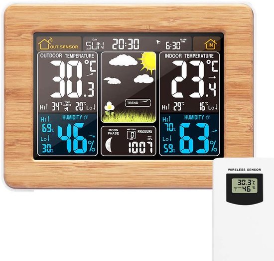 Drahtlose Wetterstation Mit Außensensor – Innen-/außenthermometer, Uhrzeit, Digitalanzeige, Temperatur, Luftfeuchtigkeit, Barometer, Wecker