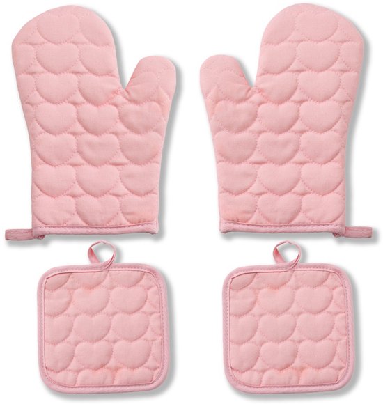 Vierteiliges Set Hitzebeständiger Handschuhe Hitzebeständige Küchenhandschuhe Und Hitzebeständige Matte Herzförmige Handschuhe Und Matte Geeignet Grün
