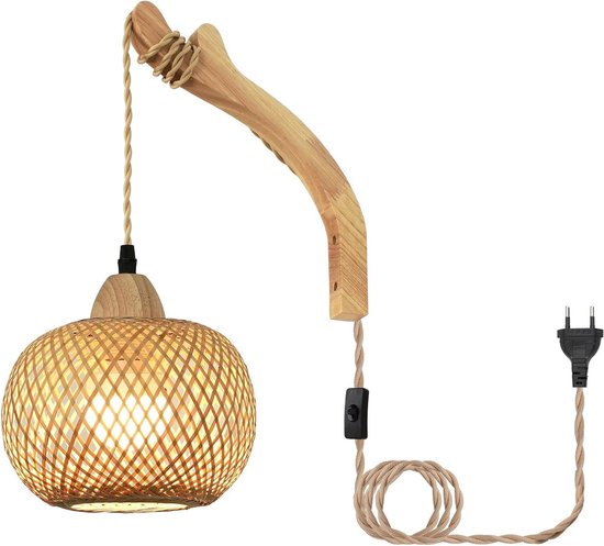 Wandleuchte Aus Holz Mit Schalter Und Stecker - Lampenschirm Aus Boho-rattan - 300 Cm Kabel E27 - Schlafzimmer, Wohnzimmer, Flur (ohne Leuchtmittel)