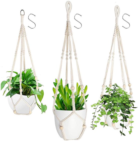 3-teiliges Hängepflanzgefäß-set, Makramee-pflanzenhänger Aus Baumwollseil Mit Haken, Wand-blumentopfhalter Für Terrasse, Balkon, Decke, Pflanzenhalter
