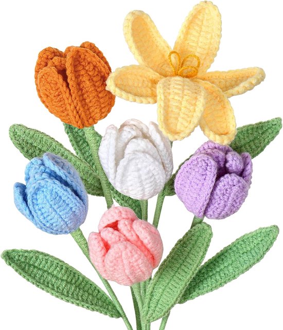 Gehäkelter Blumenstrauß 6 Gestrickte Tulpen Geschenk & Wohnaccessoires