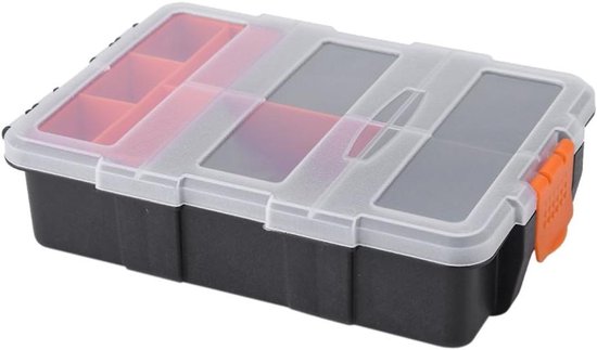 Werkzeugaufbewahrungsbox – Komponentenkoffer – Werkstattorganisation – Doppellagiges Design – 22 X 15,6 X 6 Cm – Schwarz/orange