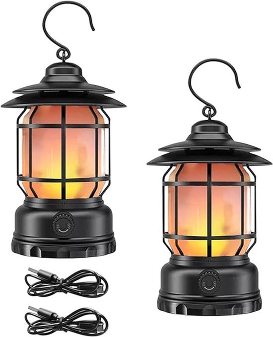 Zeltlampe Wiederaufladbare Campinglampe Led-streifen Mit Haken Flammen-design Dekorative Tischlampe Retro-stil Tragbare Campinglampe Handlampe Schwarz