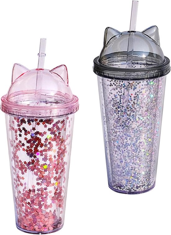 Glitzernder Wasserbecher – Doppelwandig – Für Den Täglichen Gebrauch – Mit Katzenohren – 2 X 400 Ml – Grau-rosa