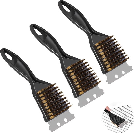 Set Mit 3 Grillbürsten 2-in-1 Bbq-rasiermesserscharfe Bürste Mit Messingborsten Und Edelstahlschaber Ergonomischer Pp-griff Für Gas Und Holz