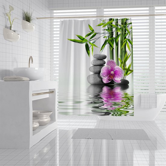 Duschvorhang 3d Cymbidium Bambus Duschvorhang 180 X 200 Cm Mit Kunststoffhaken Für Bad Und Wc Pebble Zen Polyester