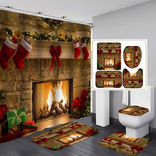 4-teiliges Duschvorhang-set Mit Weihnachtsmotiven Weihnachtsbaum Strümpfe Wasserdichter Duschvorhang 2 Badematten Toilettenartikel Festliche Für