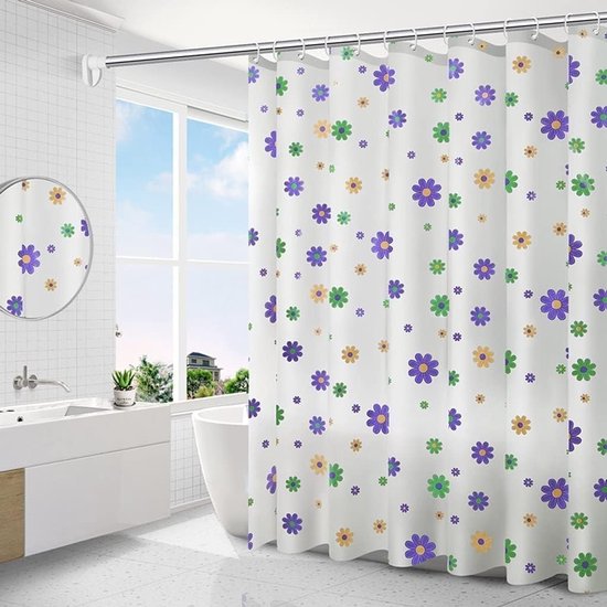 Duschvorhang – Schimmelresistente Duschwand 180 X 200 Cm, Grün-lila Blumen Mit Augen, Geeignet Für Badewanne Und Dusche
