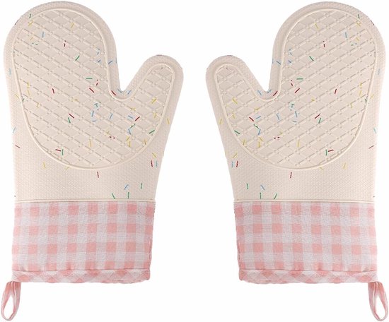 Niedliches Silikon-ofenhandschuh-set 2 Stück Rosa Kariert Mit Streuseln Hitzebeständig Bis 260 C Rutschfest Und Abwaschbar Zum Backen Und Für Die