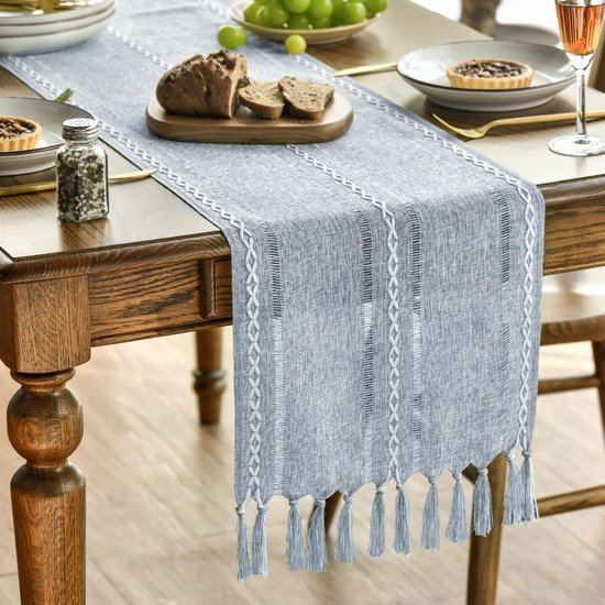 Tischläufer Im Landhausstil – Staubiges Blau Mit Boho-quasten – Für Feiertage, Geburtstage, Valentinstag Und Hochzeiten – 33 X 143 Cm