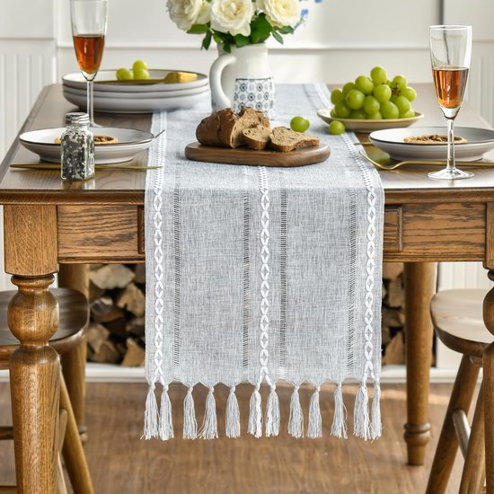 Hellgrauer Tischläufer Mit Quasten, 33 X 303 Cm – Waschbare Tischwäsche Im Landhausstil, Ideal Für Partys, Geburtstage, Valentinstag Oder Hochzeiten