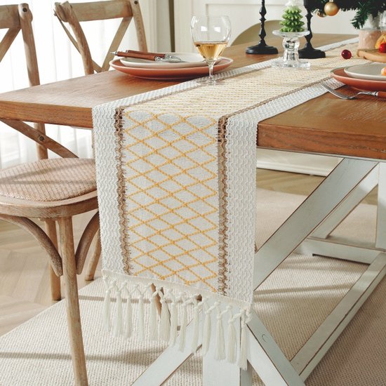 Tischläufer Aus Baumwollleinen Mit Karomuster 30 X 450 Cm Neutrale Tischdecke Im Boho-stil Gewebter Landhausstil Perfekt Für Tischdekoration Und
