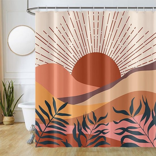 Duschvorhänge Schimmelresistente Duschwand 180 X 180 Cm Terrakotta-blätter Abstrakte Blaue Landschaft Orange Badezimmerabtrennungen Waschbares 12 12