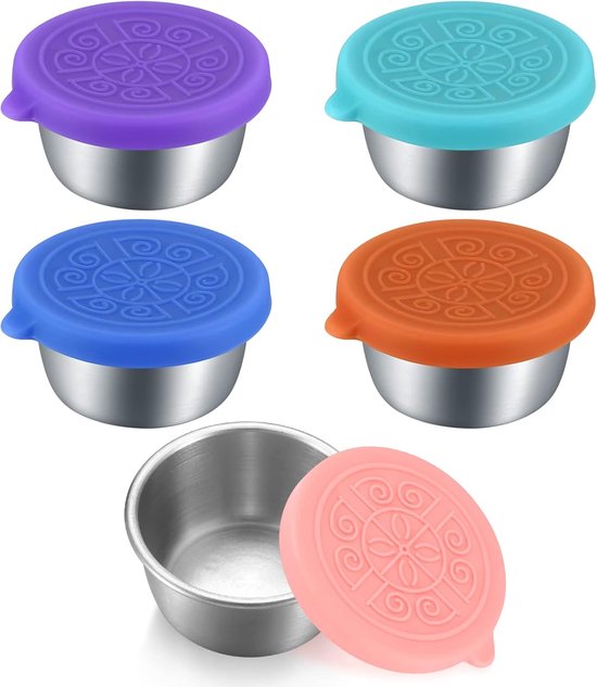 5 Salatdressing-behälter Kleine 50-ml-gewürzgläser Aus Edelstahl Lebensmittelbehälter Mini-dip-saucenbehälter Mit Silikondeckel Auslaufsicher Für
