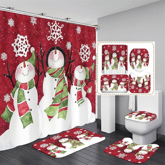 4-teiliges Weihnachtsduschvorhang-set Schneemann-motiv Rutschfeste Badematten Pflegeprodukte 12 Haken Festliche Badezimmerdekoration Ideales