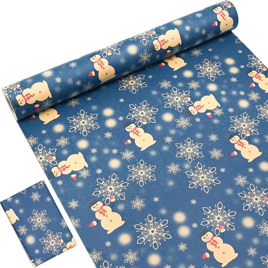 Recycelbare Weihnachtsverpackungspapierrolle, 15 M X 43 Cm, Dunkelblau, Bedruckt Mit Sternen, Schneeflocken Und Schneemann Für Weihnachtsverpackungen Und Partydekoration