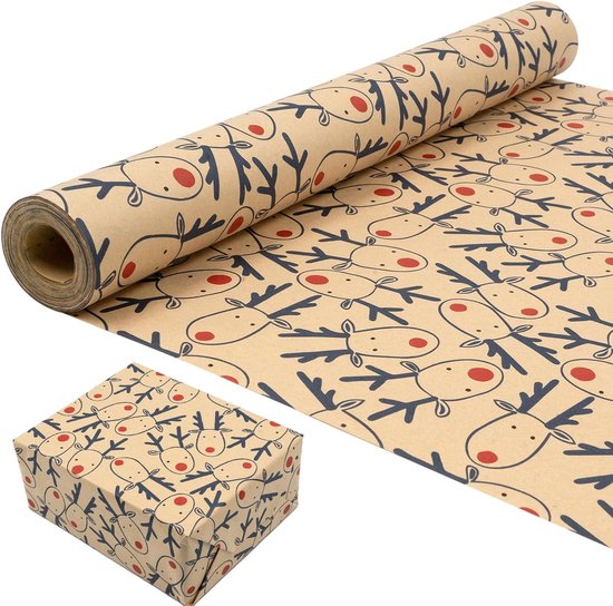 Weihnachtspapierrolle: Festliches Design Mit Blauem Elchmotiv, Recycelbares Kraftpapier, 43 Cm X 15 M