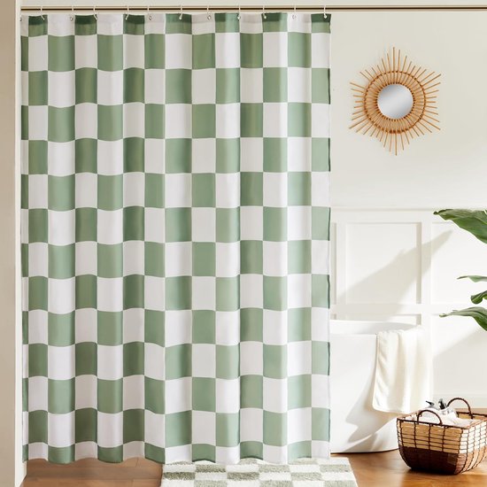 Duschvorhang – Salbeigrün Karierter Duschvorhang Fürs Badezimmer, Niedlicher, Flauschiger Retro-vorhang, Ästhetisch, Maschinenwaschbar, 183 X 183 Cm