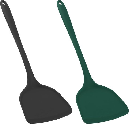 Set Mit 2 Großen Silikon-wok-spateln – Schwarz Und Dunkelgrün, Hitzebeständig Und Antihaftbeschichtet Zum Pfannenrühren Und Wok-kochen