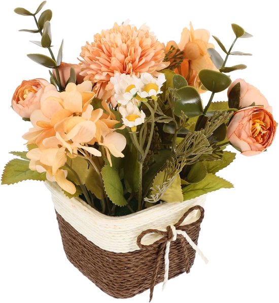 Künstliche Topfpflanze (2-teilig) Mit Orangefarbenen Rosen, Pflegeleichte Kunstblumen Für Büro Und Zuhause, Ideal Für Regale, Tische Und Fenster