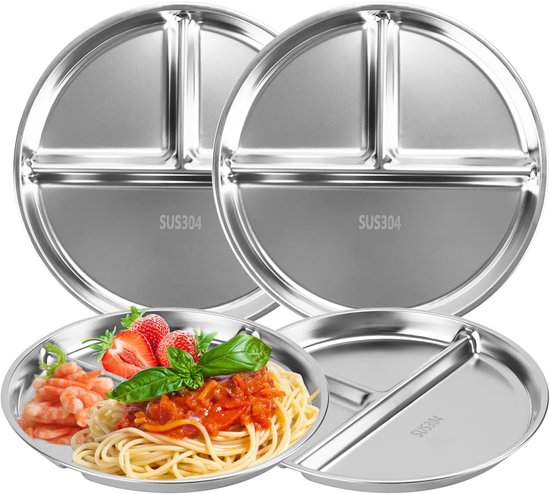 Portionskontrollteller Set Mit 4 Edelstahl-tellern Mit Unterteilung 9" Wiederverwendbare Speiseteller (4)