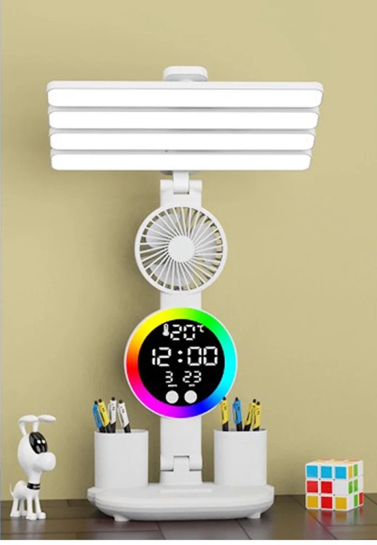 Led-leselampe Mit Uhranzeige, Wiederaufladbare Schreibtischlampe Mit Ventilator