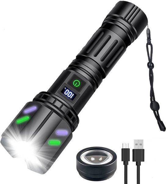 Led-taschenlampe Mit Weißem Licht: Ausgestattet Mit Digitalanzeige, Zoomfunktion, Usb-c-ladeanschluss Und Einem Fernlichtstrahl.
