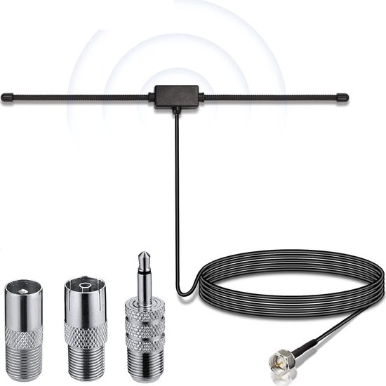 Fm-radioantenne Mit 3-meter-kabel F-stecker Mit 3 Adaptern Digitalradioantenne Selbstklebende Halterung Zimmerantenne Für Fm-empfang Stereoanlage