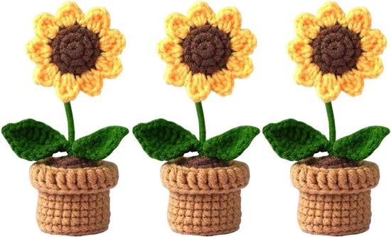 3 Mini-kunstblumen Im Topf Handgehäkelte Blumen Komplett Handgefertigte Sonnenblume Handgehäkelt Für Zuhause Büro Armaturenbrett Auto Dekoration 6