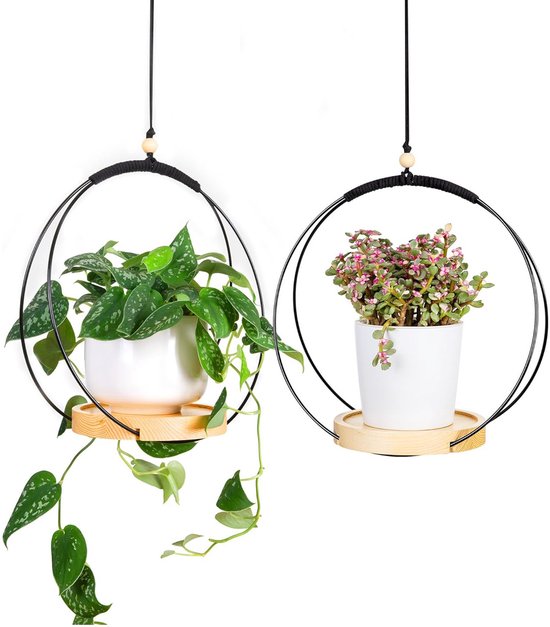 2er-set Makramee-pflanzenhänger Mit Holzablage – Blumentopf- Und Pflanzenhalter – Hängender Pflanzenständer – Dekorativ – Inklusive Haken
