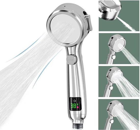 Handbrause Mit Led-temperaturanzeige, 4 Duschstufen, Pausentaste Und Wassersparendem Duschkopf.