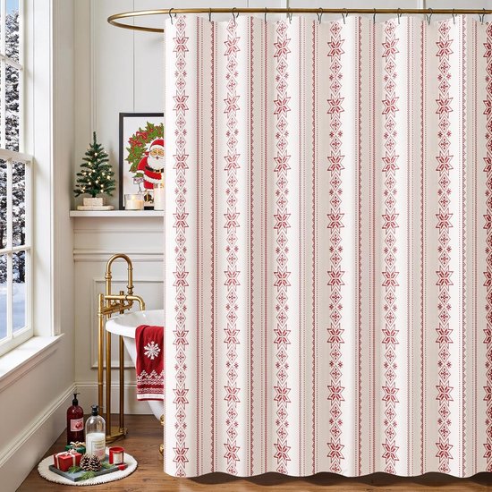 Weihnachtlicher Duschvorhang Mit Roten Schneeflocken Auf Weißem Grund – 183 X 183 Cm – Wasserdichtes Polyester – Festliche Winter-badezimmerdekoration – Mit 12 Haken