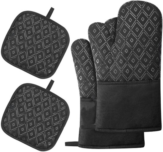 Schwarzes, Kariertes Ofenhandschuh- Und Topflappen-set – 4-teilig Hitzebeständig Bis 260 °c, Rutschfest Und Stilvoll Für Küche, Backen Und Grillen