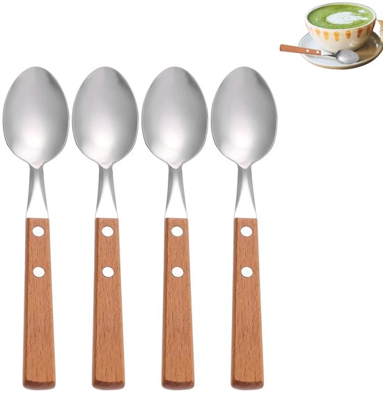 4-teilig Dessertlöffel Aus Edelstahl Löffel Mit Holzgriff Löffel Mit Naturholzgriff 20 Cm Eiskugelportionierer Küchenlöffel Geeignet Für Eiscreme