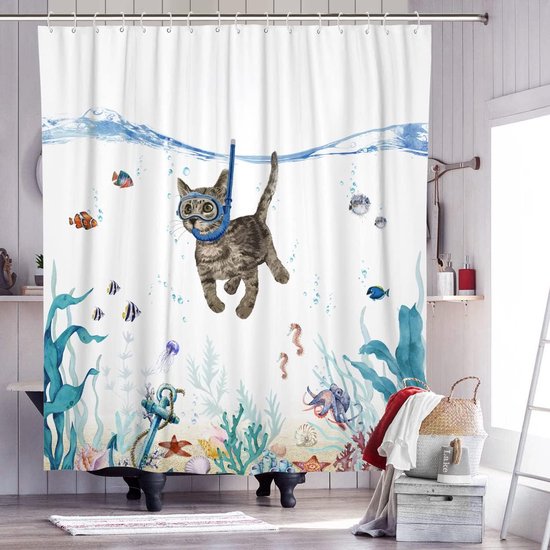 Duschvorhang – 180 X 180 Cm – Katze Taucht Allein – Polyester – Farbig – Mit Haken – Schimmelresistent – Wasserdicht – Badezimmerdekoration