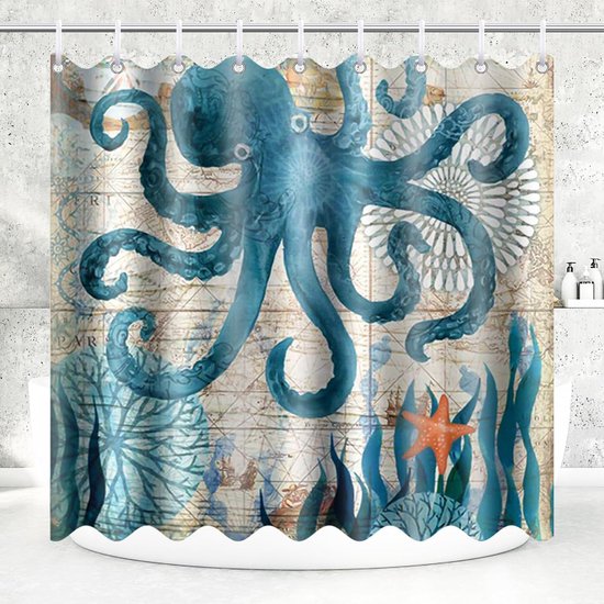 Duschvorhang – 180 X 200 Cm, Polyester, Schimmelresistent, Waschbar, Wasserdicht, Oktopusmotiv, Mit 12 C-haken Für Zuhause, Badewanne, Familienhotel